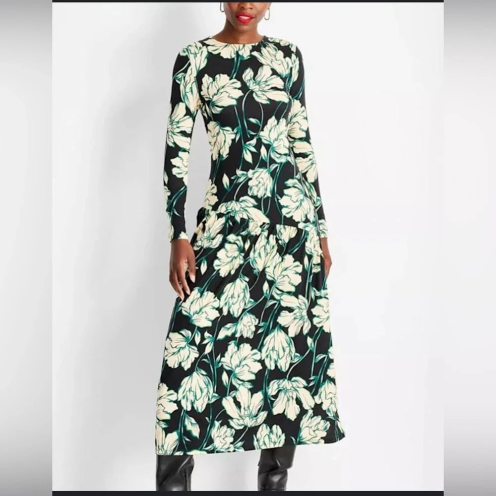 Green and Cream Floral Long Sleeve Dress - Picture 1 of 5